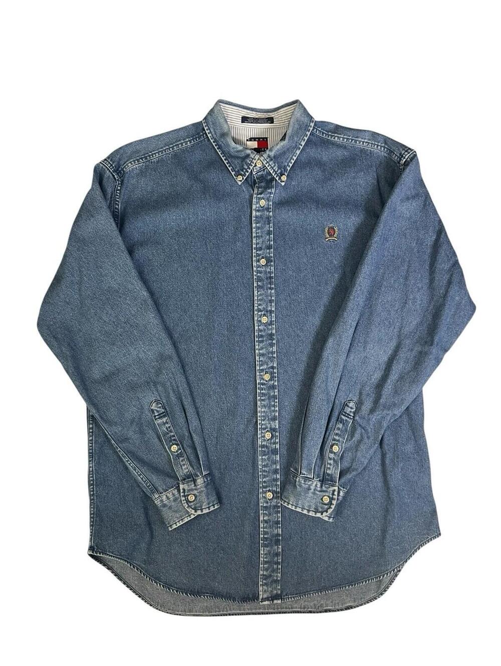 Tommy Hilfiger Shirt Mens Large Blue Denim Button Front Crest Logo Casual - Picture 2 of 5